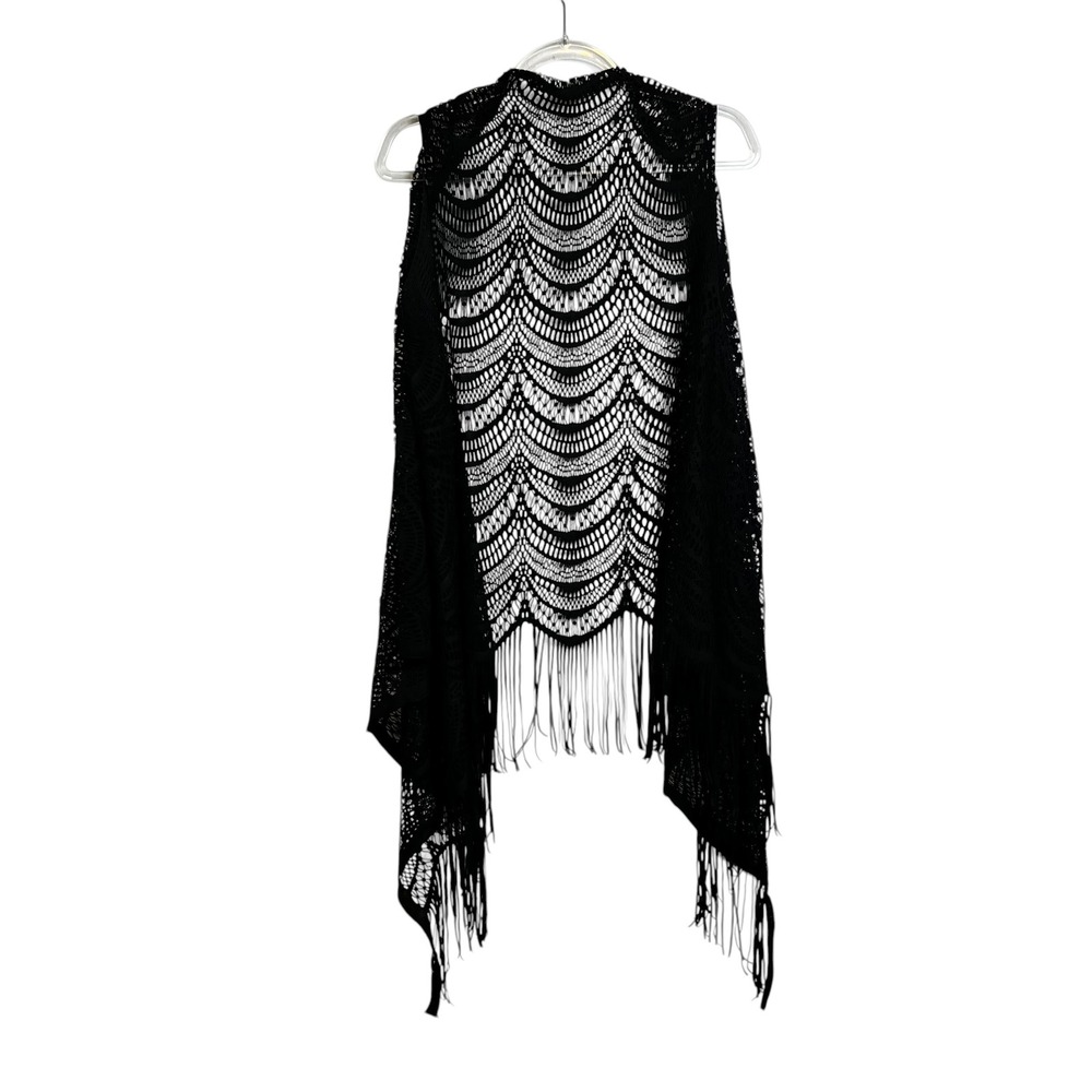 Black Crochet Fringe Vest Open Front Scalloped Knit Boho Festival Swim Cover M